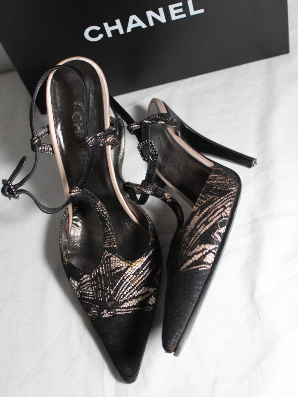 Chanel Black Lace Overlay Satin T-Strap Heels Pointed Toe Pumps 42